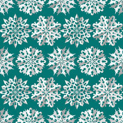 Seamless Christmas snowflake pattern. Paper origami three-dimensional signs on turquoise, blue background. Winter, New Year texture. Vector