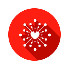 Snowflake, heart view icon. Christmas, Valentine day, birthday symbol. White sign on round red button with long shadow. Vector isolated