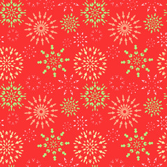 Naklejka na ściany i meble Snowflake seamless pattern. Christmas, winter retro texture. Yellow, orange signs on red background. Vector
