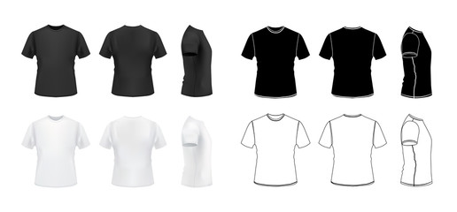 T-shirt mockup set, 3d realistic and outline styles, front, side, back views, vector eps10 illustration isolated on white background