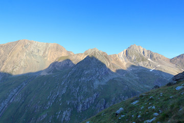 Panorama with mountain Zopetspitze at sunrise in Hohe Tauern Alps, Austria