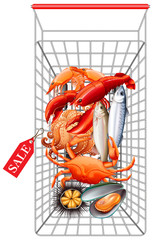 Various seafood in shopping cart