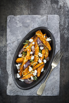 Sweet Potato Fries with Red Onion Feta Cheese and Lemon