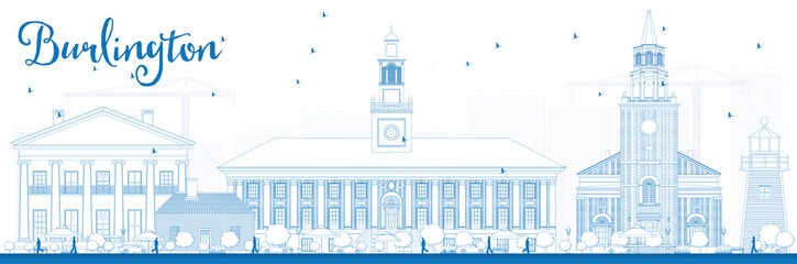 Outline Burlington (Vermont) City Skyline with Blue Buildings. Some elements have transparency mode different from normal.