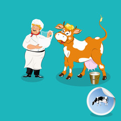 Cow,smiling milkman,sticker dairy product,vector icon.