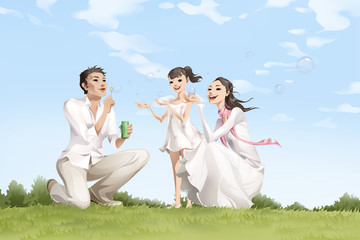 Family blowing bubbles