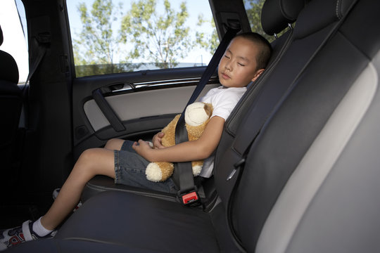 Boy sleeping in car with toy