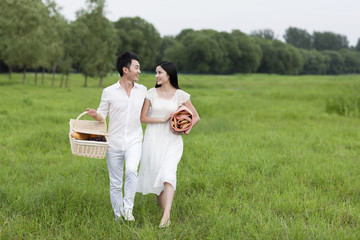 Happy young couple going for a picnic on the grass