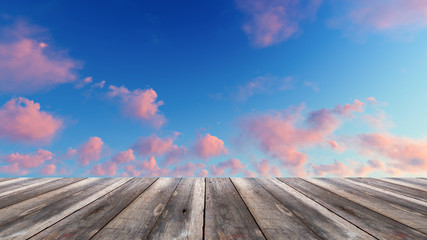 Perspective wood and sunset background