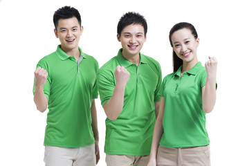 Excited volunteers gesturing