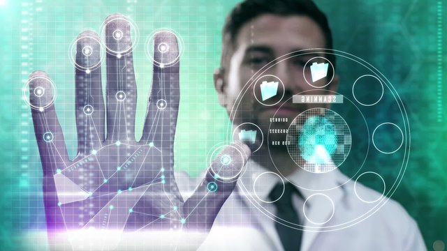 Caucasian American male using touch screen technology showing patient profile