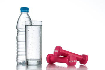 Dumbbells and a bottle of fresh water studio shot