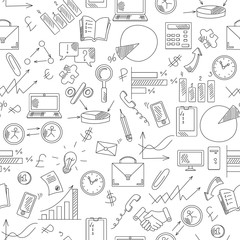 Seamless background with simple hand-drawn icons on a theme business, dark outline on a light background