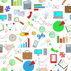 Seamless background with simple hand-drawn icons on a theme business color icons on light background