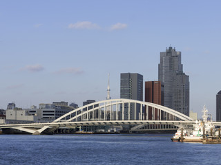 間もなく完成予定の築地大橋と東京スカイツリー　　環状2号線整備事業