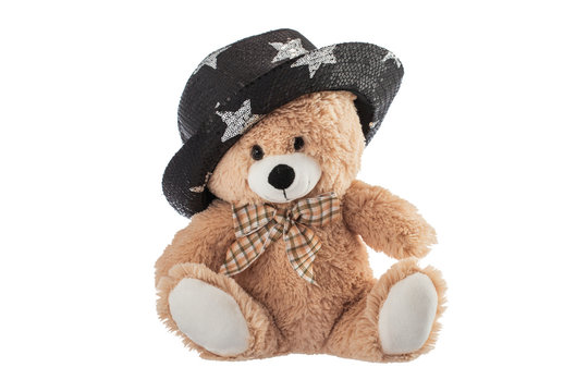 Fluffy teddy bear with party hat isolated on a white