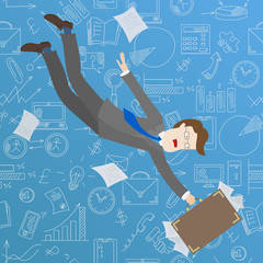 Businessman with a suitcase full of papers on the sky background with graphs and icons fall to the bottom , the concept of difficulty in business  © Zagory