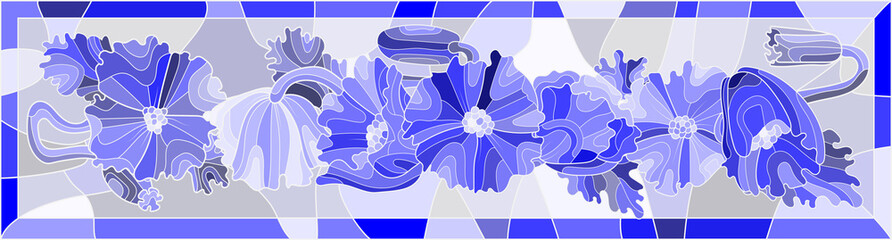 Illustration in stained glass style flowers in blue colors