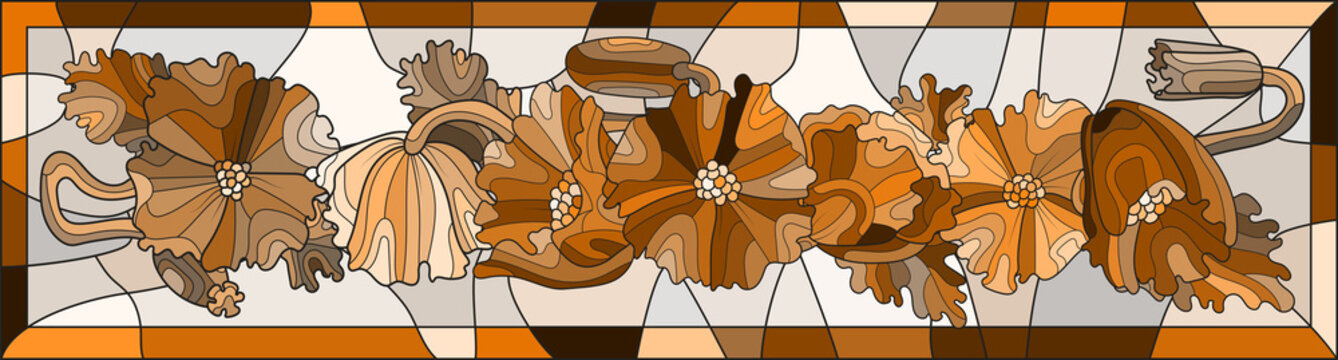 Illustration in stained glass style flowers in brown colors