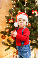 Little boy on the background of the Christmas tree