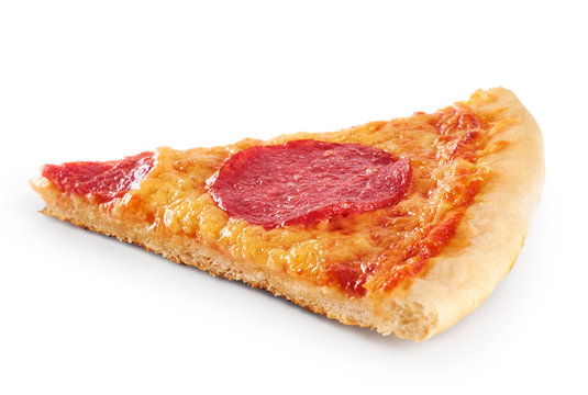 Piece of pizza with sausage on a white background. Pepperoni.