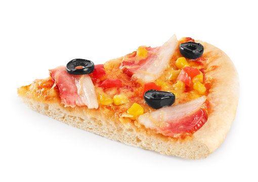 Piece of pizza with bacon and corn on a white background.