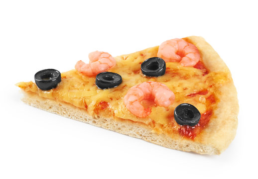 Piece of pizza with shrimp and olives on a white background.