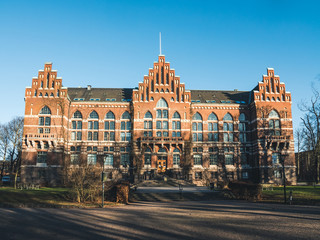 The big and beautiful University Library, called UB, in the student town of Lund, Sweden on a beautiful sunny day with a clear blue sky. January 4 2016.
