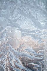 Ice floral pattern on glass. Macro view. Holiday seasonal background. 