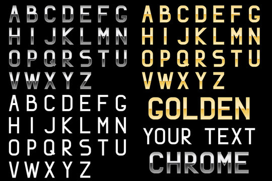 Alphabet. Chrome letters, Golden letters. Metal Font. 