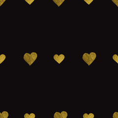 Gold  hearts on black background. Seamless pattern