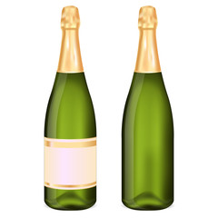 Bottle of champagne with and without label. 