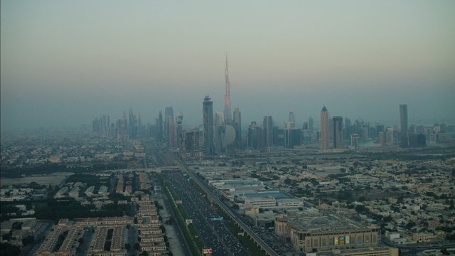 Aerial Dubai City Burj Khalifa Skyscraper Sheikh Zayed Road UAE