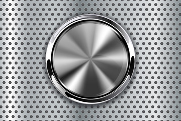Metal round button on metal perforated background. - 99401824