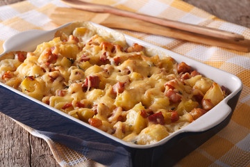 Tasty potatoes with bacon and cheese close up. horizontal
