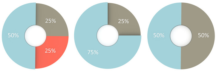 set of 25, 50 percent blue, red and grey pie diagrams diagrams