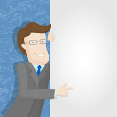 Illustration of a businessman pointing to a white banner with icons on a theme business