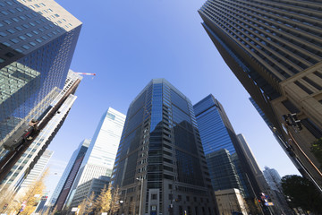 丸ノ内高層ビル街を見上げる　　超広角