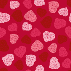 Valentine's Day background. Low-poly polygonal. Seamless pattern with geometric orange hearts. Holiday template. Abstract texture made of triangles. For wallpaper, web page, surface textures.