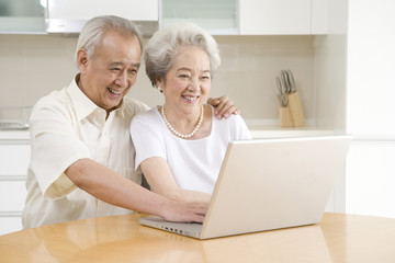 Senior couple using a laptop at home