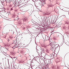 Obraz premium Seamless pattern with cherry tree blossom. Vintage hand drawn vector illustration in sketch style.