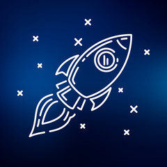 Conceptual rocket flying icon. Spaceship in flight sign. Rocket flying symbol. Thin line icon on blue background. Vector illustration of rocket flying through space with stars.
