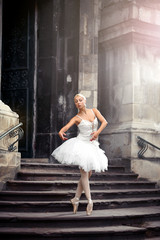 Ballet is her life. Vertical portrait of a gorgeous girl performing ballet outdoors on the stairway of an old castle © serhiibobyk