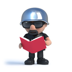 3d Biker reading a book