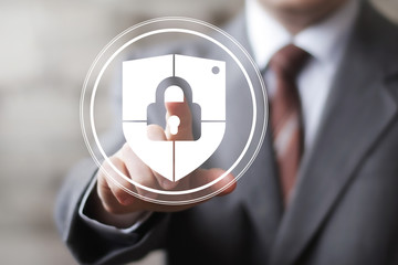 Businessman push web button locked shield security virus icon