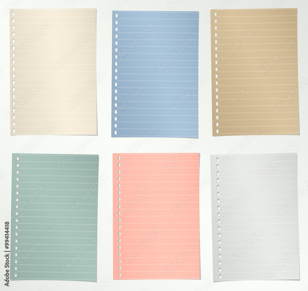 Poster set of colorful notebook papers with white lines on light gray background
