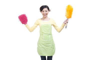 Happy housewife and cleaning products