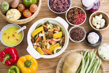 Assorted vegetables and cooked vegetable dish