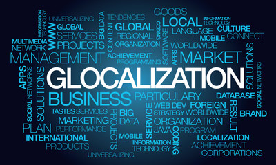 Glocalization business local particularities and global corporate market words tag cloud blue text 