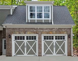 Double door garage at the entry of a new modern home.